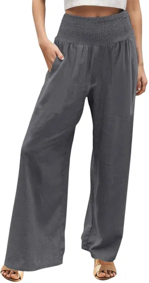 GIERIDUC Women's Wide Leg Palazzo Pants High Elastic Waist Casual Work Pants Summer Beach Flowy Dress Trousers with Pockets