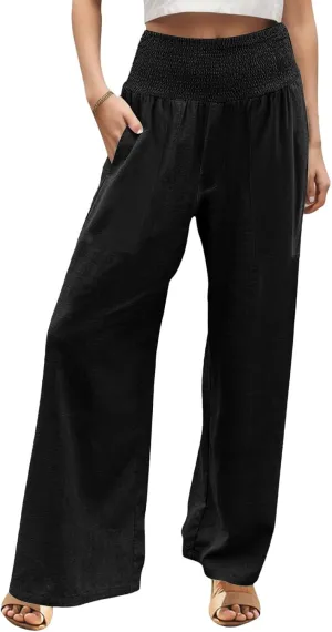 GIERIDUC Women's Wide Leg Palazzo Pants High Elastic Waist Casual Work Pants Summer Beach Flowy Dress Trousers with Pockets