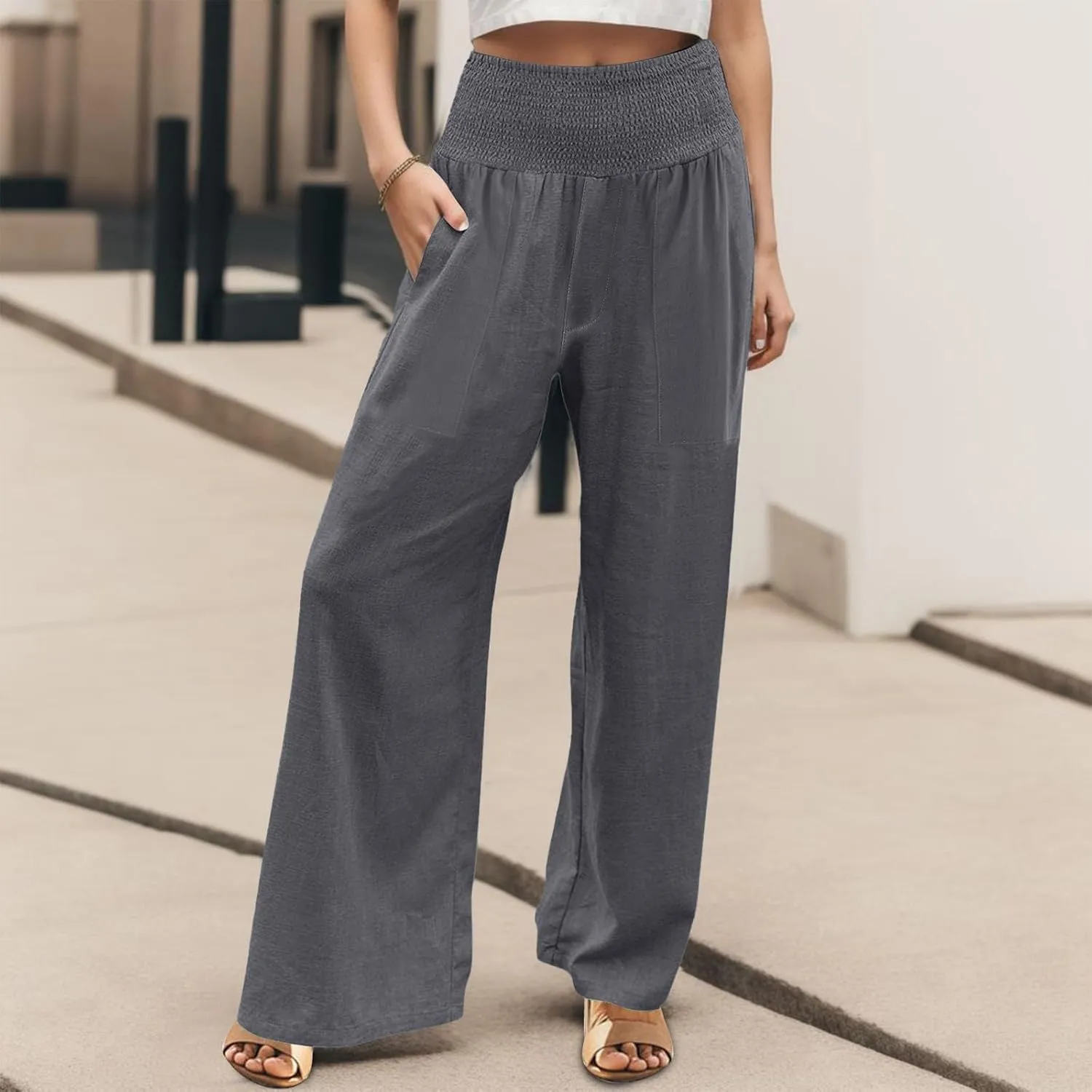 GIERIDUC Women's Wide Leg Palazzo Pants High Elastic Waist Casual Work Pants Summer Beach Flowy Dress Trousers with Pockets