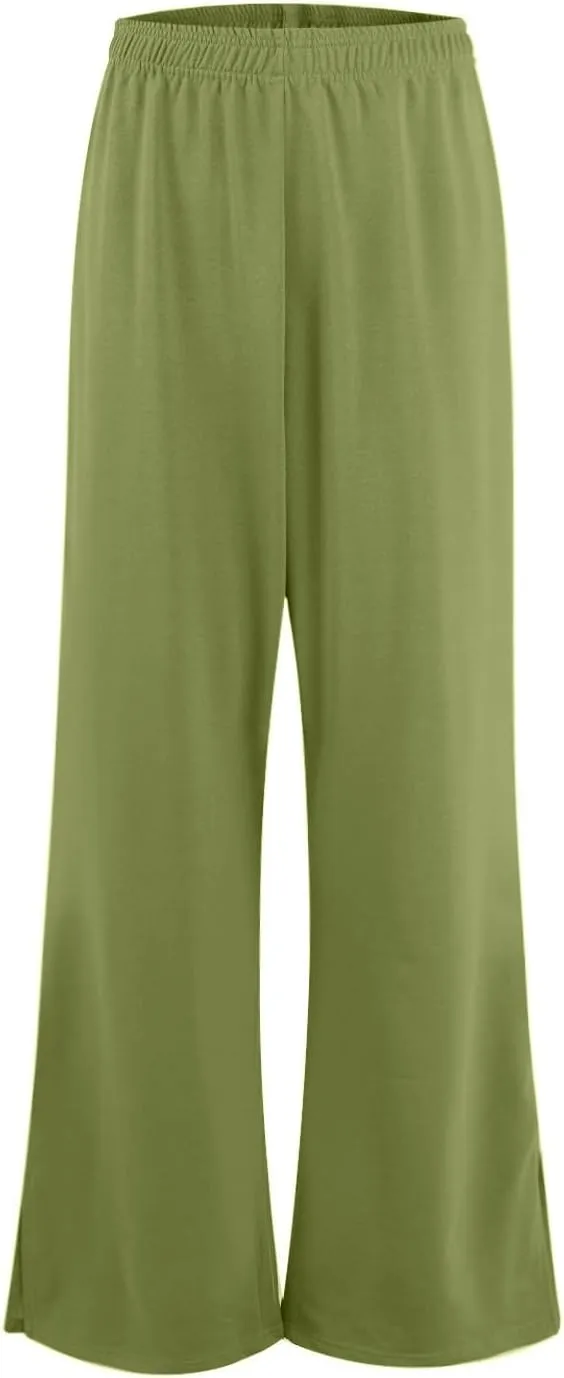 GOFULY Pants for Women Beach Elastic Waist Drawstring Sumemr Pants High Waisted Straight Wide Leg with Pockets Comfy Trousers