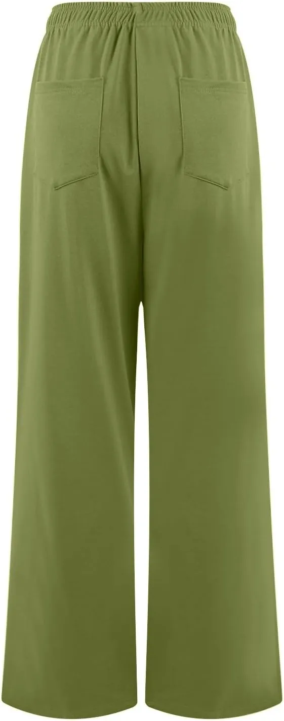 GOFULY Pants for Women Beach Elastic Waist Drawstring Sumemr Pants High Waisted Straight Wide Leg with Pockets Comfy Trousers