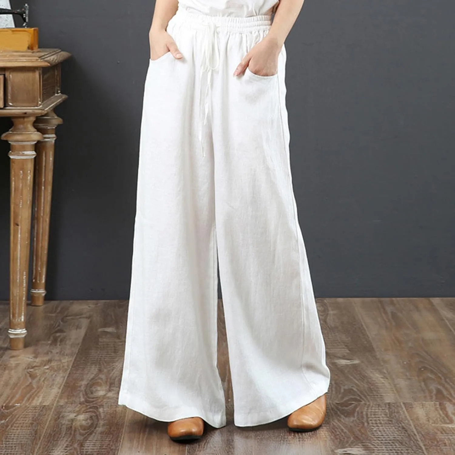 GOFULY Pants for Women Beach Elastic Waist Drawstring Sumemr Pants Straight Wide Leg High Waisted with Pockets Slacks Clothes