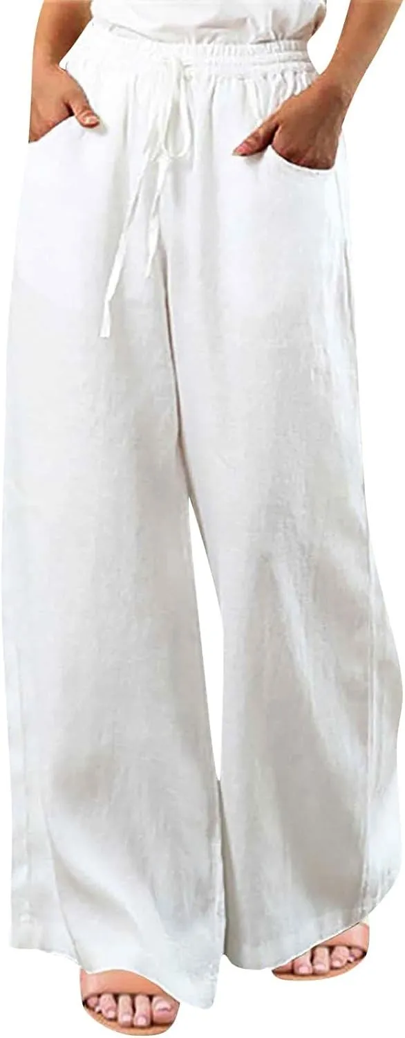 GOFULY Pants for Women Beach Elastic Waist Drawstring Sumemr Pants Straight Wide Leg High Waisted with Pockets Slacks Clothes