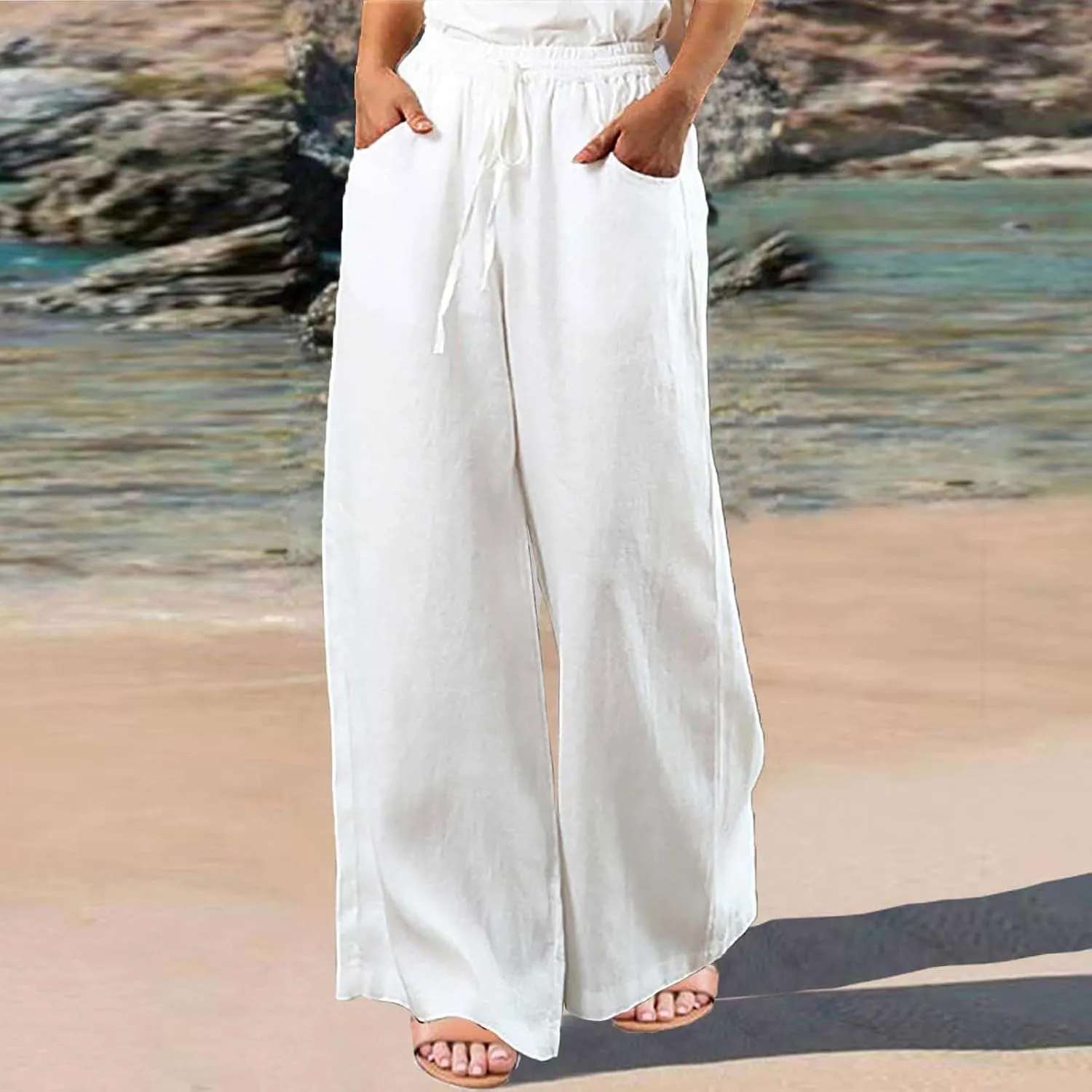 GOFULY Pants for Women Beach Elastic Waist Drawstring Sumemr Pants Straight Wide Leg High Waisted with Pockets Slacks Clothes