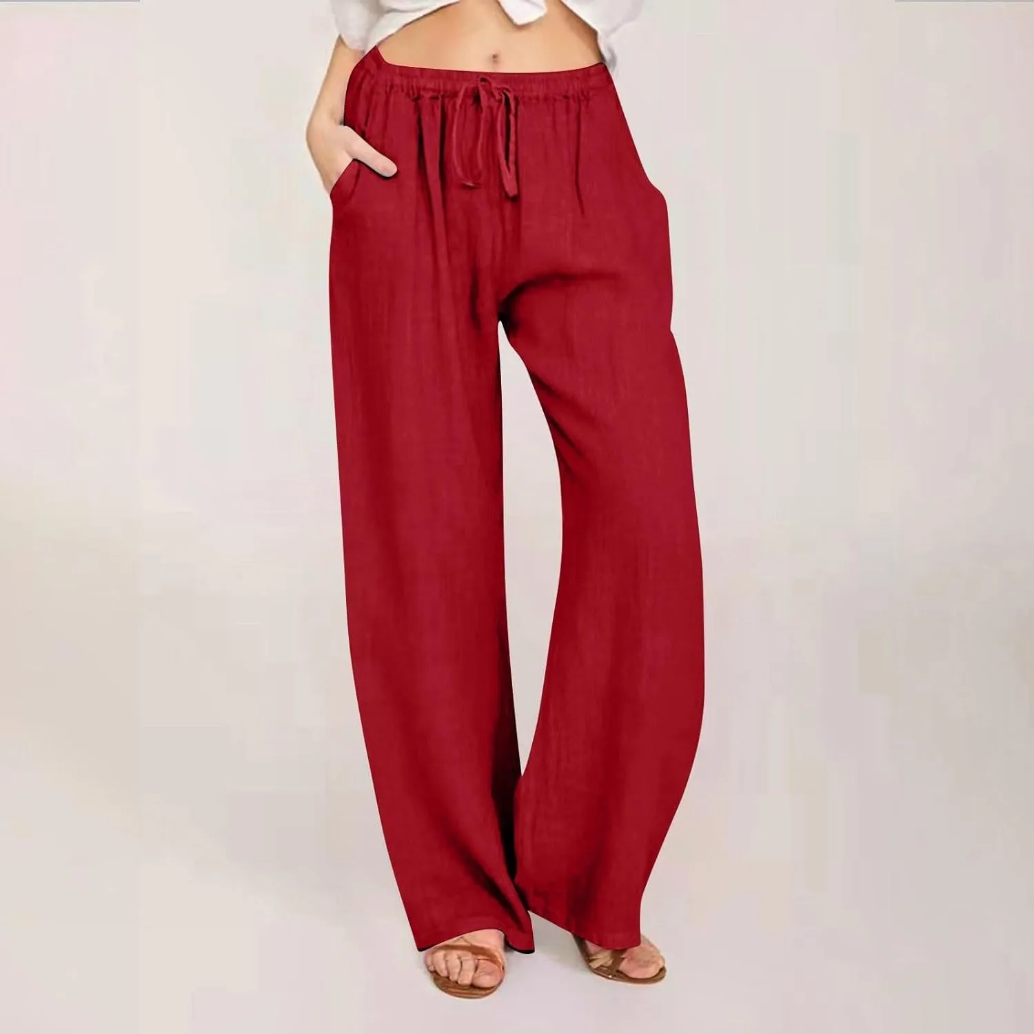 GOFULY Pants for Women Trendy Elastic Waist Drawstring Sumemr Pants Straight Wide Leg High Waisted with Pockets Slacks Clothe