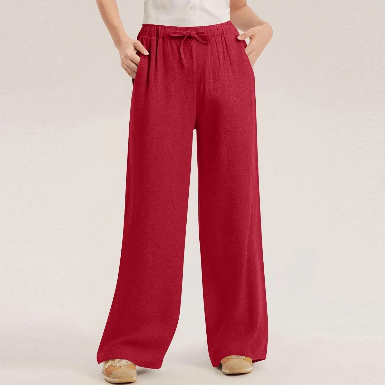 GOFULY Pants for Women Trendy Elastic Waist Drawstring Sumemr Pants Straight Wide Leg High Waisted with Pockets Slacks Clothe
