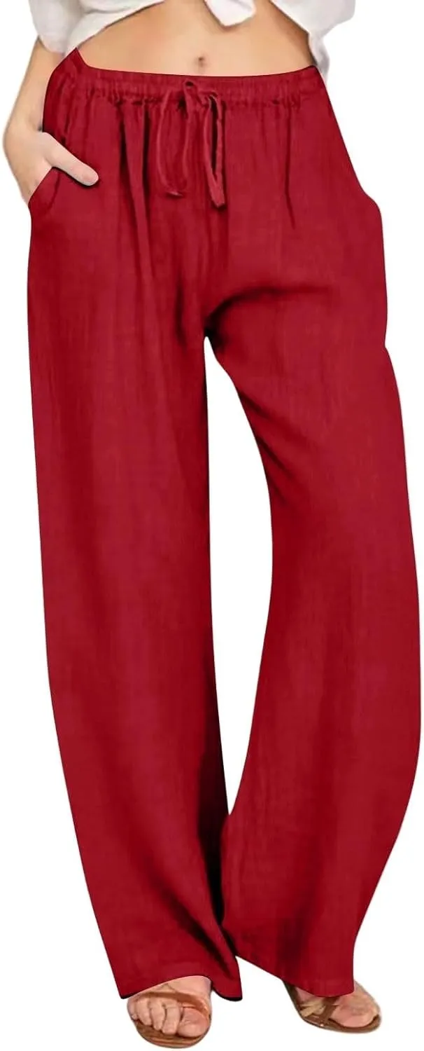GOFULY Pants for Women Trendy Elastic Waist Drawstring Sumemr Pants Straight Wide Leg High Waisted with Pockets Slacks Clothe