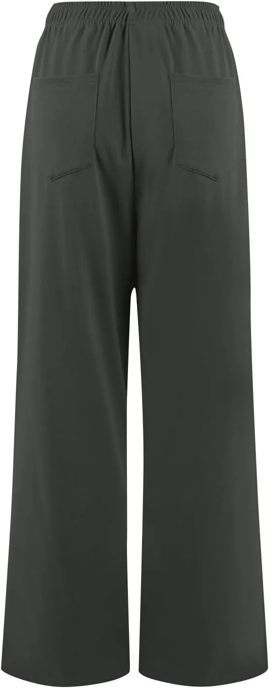 GOFULY Women Pants Casual Elastic Waist Drawstring 2025 Pants Straight Wide Leg High Waisted with Pockets Loose Fit Trousers