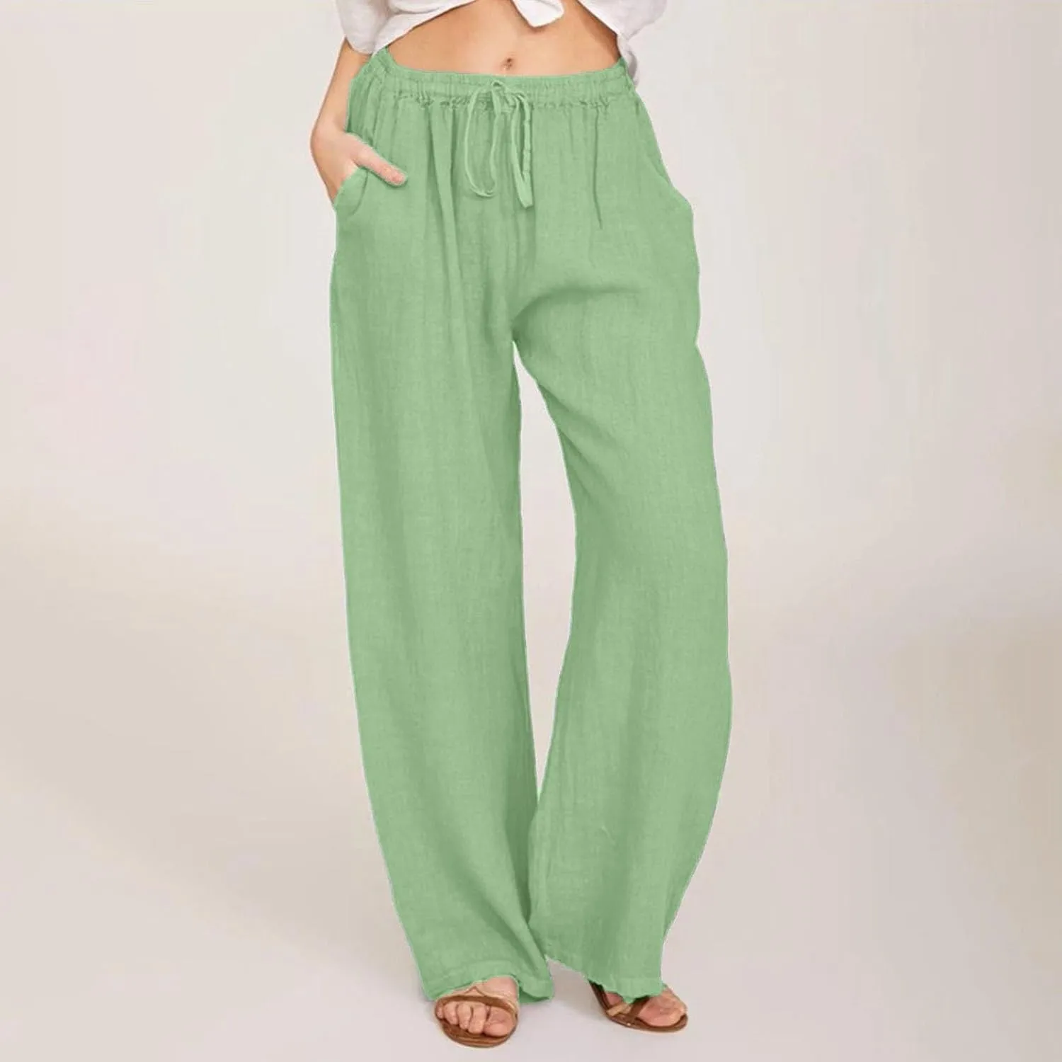 GOFULY Women's Pants Casual Elastic Waist Drawstring Sumemr Pants Straight Wide Leg High Waisted with Pockets Comfy Trousers