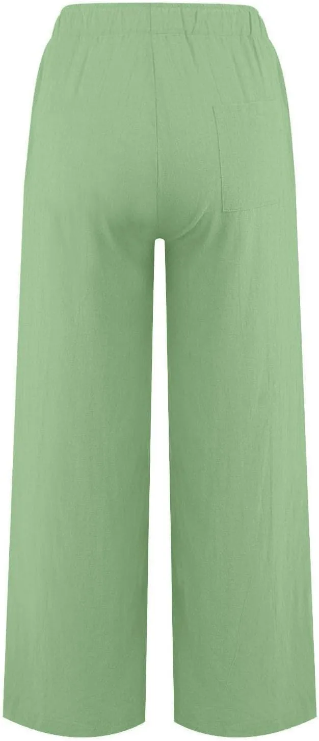 GOFULY Women's Pants Casual Elastic Waist Drawstring Sumemr Pants Straight Wide Leg High Waisted with Pockets Comfy Trousers