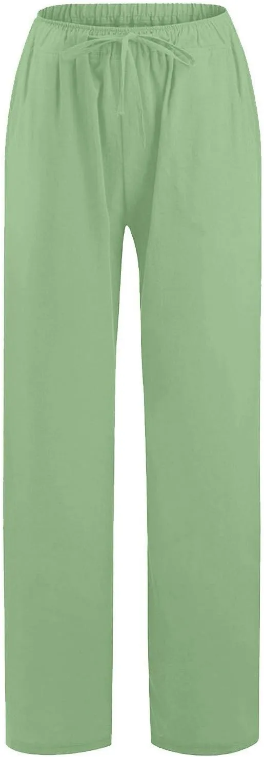 GOFULY Women's Pants Casual Elastic Waist Drawstring Sumemr Pants Straight Wide Leg High Waisted with Pockets Comfy Trousers