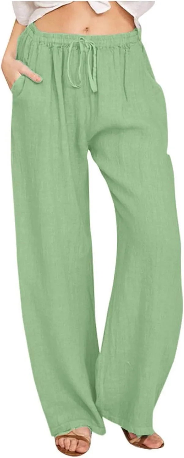 GOFULY Women's Pants Casual Elastic Waist Drawstring Sumemr Pants Straight Wide Leg High Waisted with Pockets Comfy Trousers