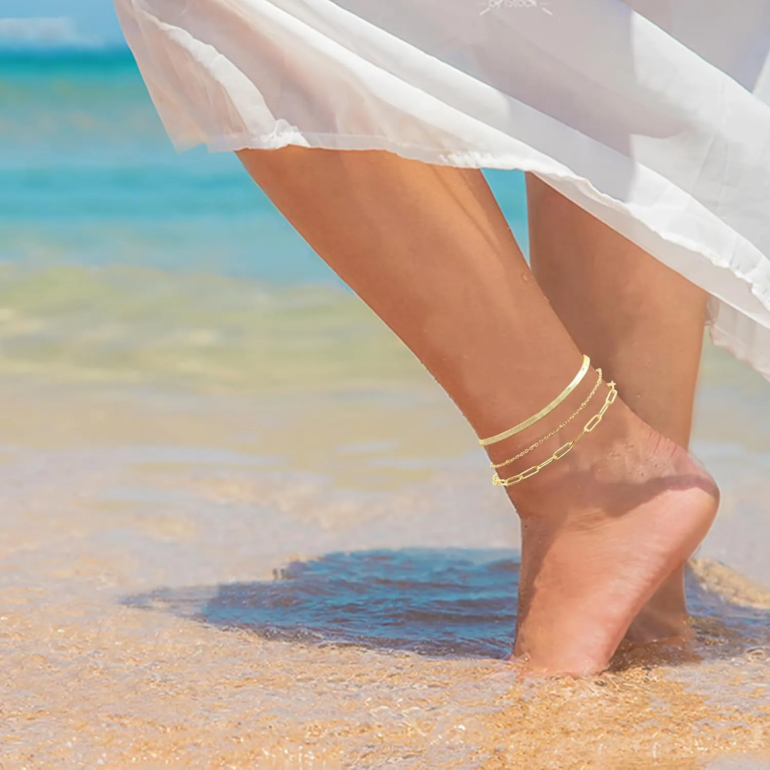 Gold Ankle Bracelet for Women, 14K Gold Anklets Adjustable Waterproof Cuban Link Anklets Set Layered Anklet Bracelets for Women Anklet for Women Jewelry Gift