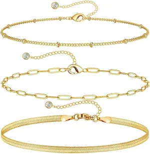 Gold Ankle Bracelet for Women, 14K Gold Anklets Adjustable Waterproof Cuban Link Anklets Set Layered Anklet Bracelets for Women Anklet for Women Jewelry Gift