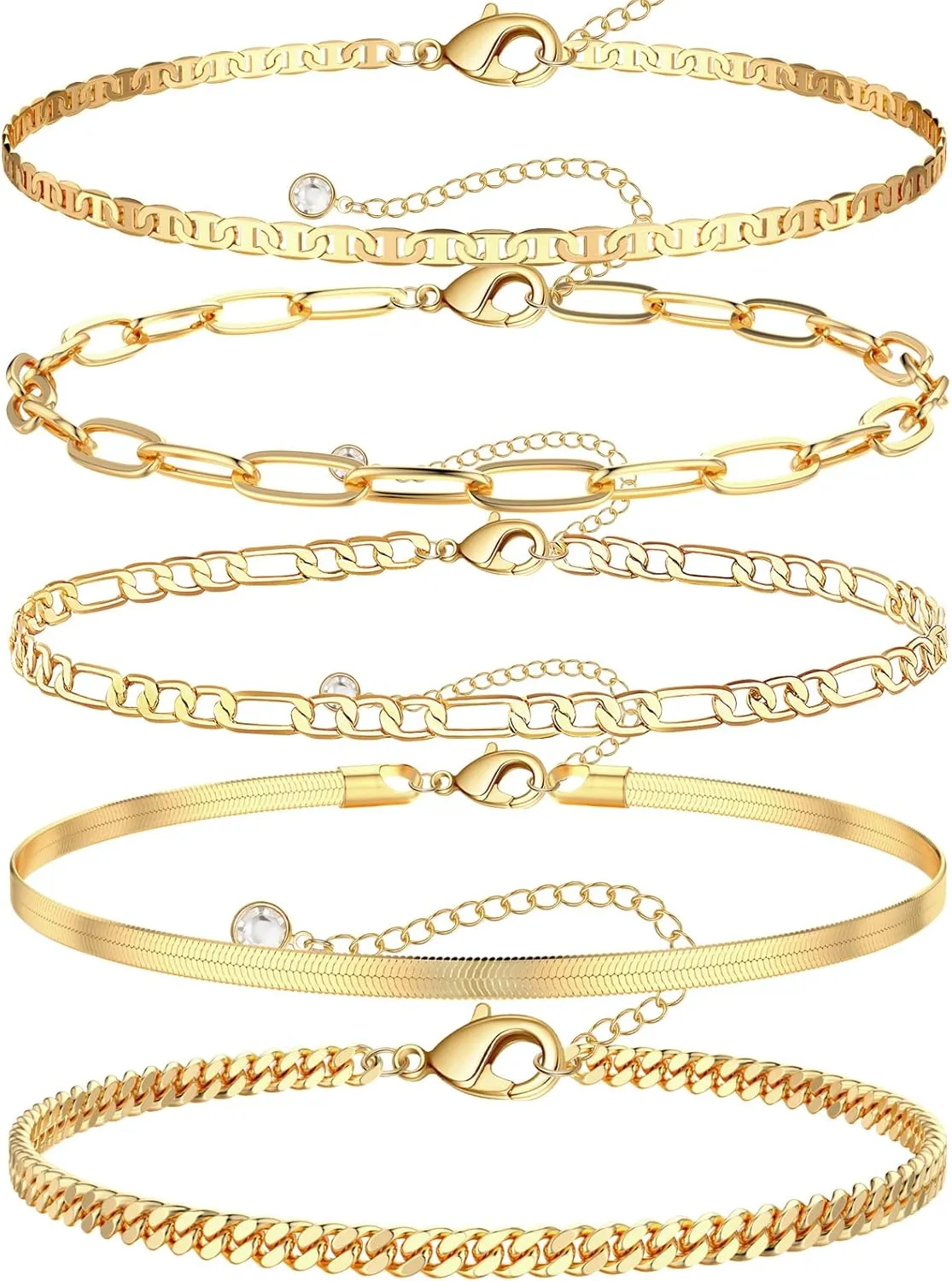 Gold Ankle Bracelets for Women 14k Gold Plated Beach Waterproof Layered Cuban Figaro Anklets Set Stackable Foot Jewelry for Gift