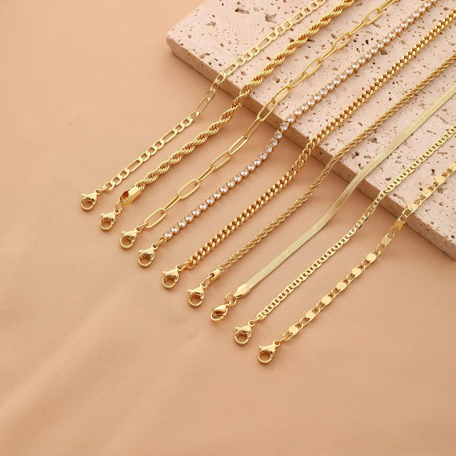 Gold Ankle Bracelets for Women 14k Gold Plated Beach Waterproof Layered Cuban Figaro Anklets Set Stackable Foot Jewelry for Gift