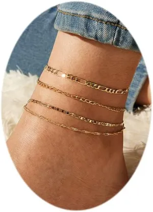 Gold Ankle Bracelets for Women 14K Gold Plated Layered Cuban Chain Anklets Waterproof Simple Link Chain Anklet Set Summer Beach Foot Chain Jewelry Gift