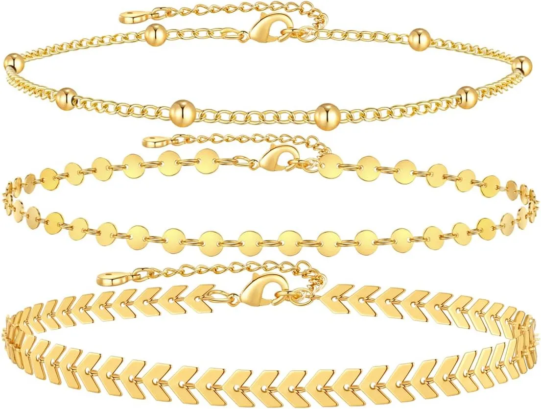 Gold Ankle Bracelets for Women, 18K Gold Anklets for Women Waterproof Cuban Link Anklets Set Layered Anklet Bracelets for Gold Jewelry Set Gift