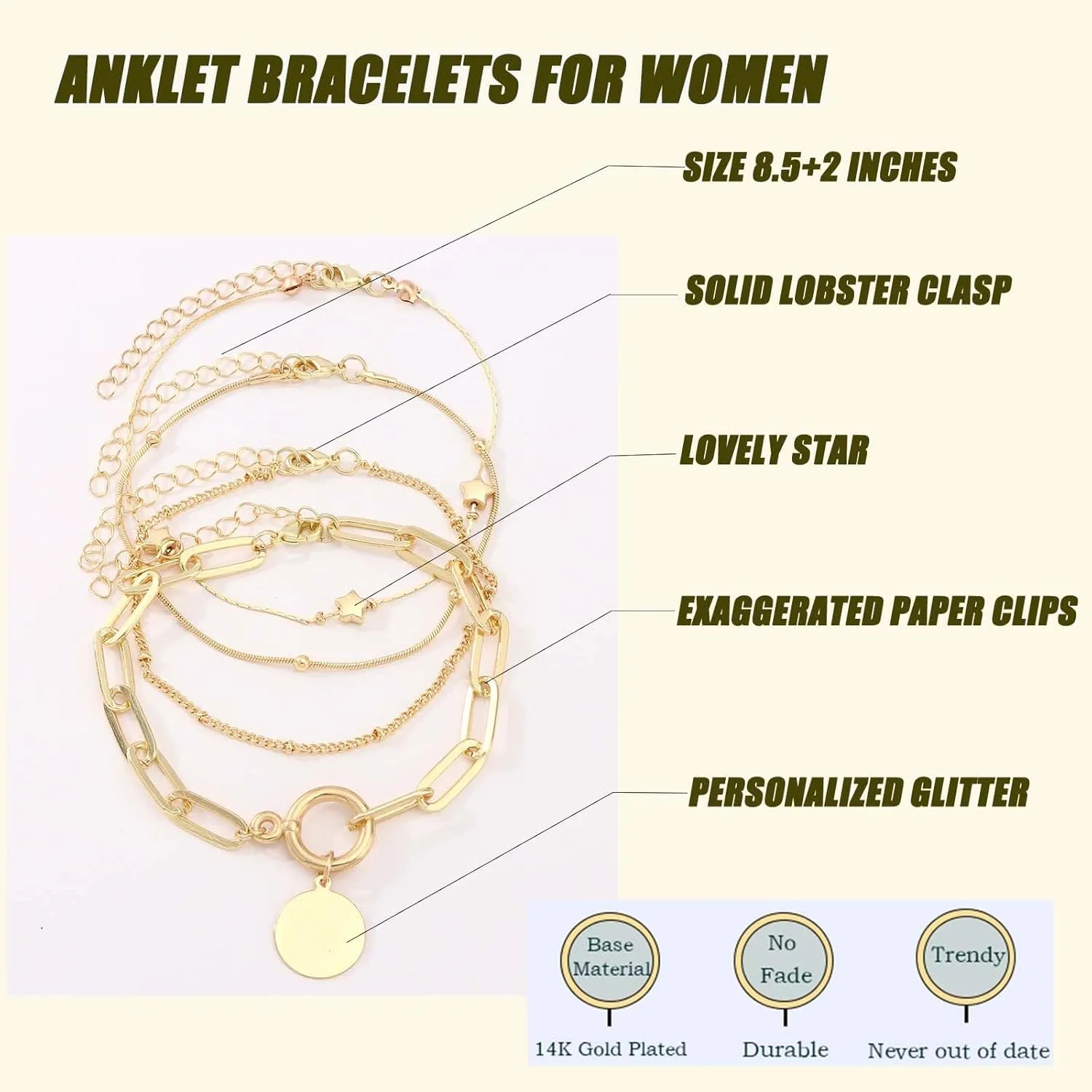 Gold Anklets for Women 14k Gold Plated Ankle Bracelets for Women Waterproof Jewelry Dainty Adjustable Ankle Bracelet CZ Butterfly Heart Herringbone Cuba Link Chain Anklets