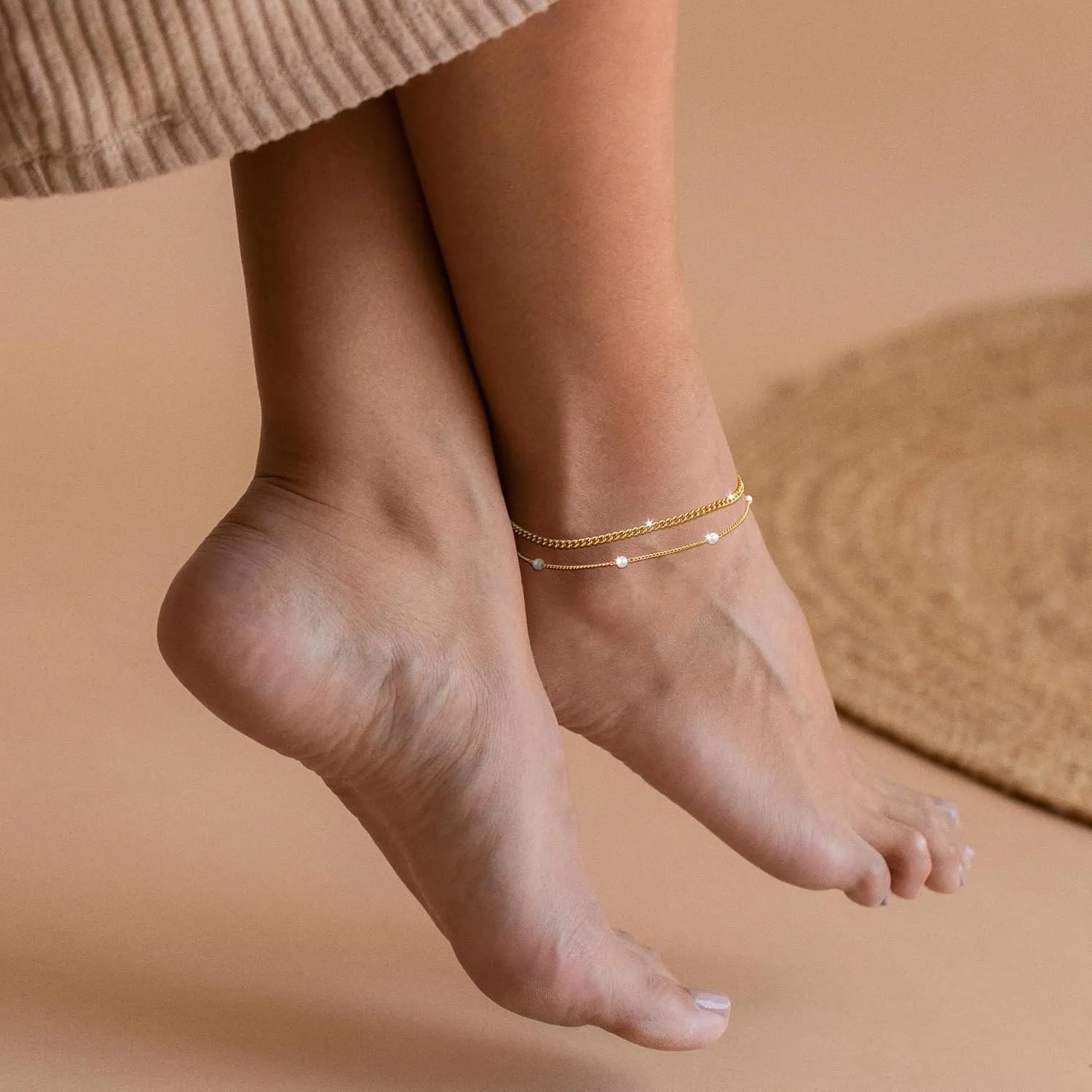 Gold Anklets for Women - Waterproof Cuban Link Heart Beads Anklets Set Layered Anklet Bracelets for Women Gold Jewelry