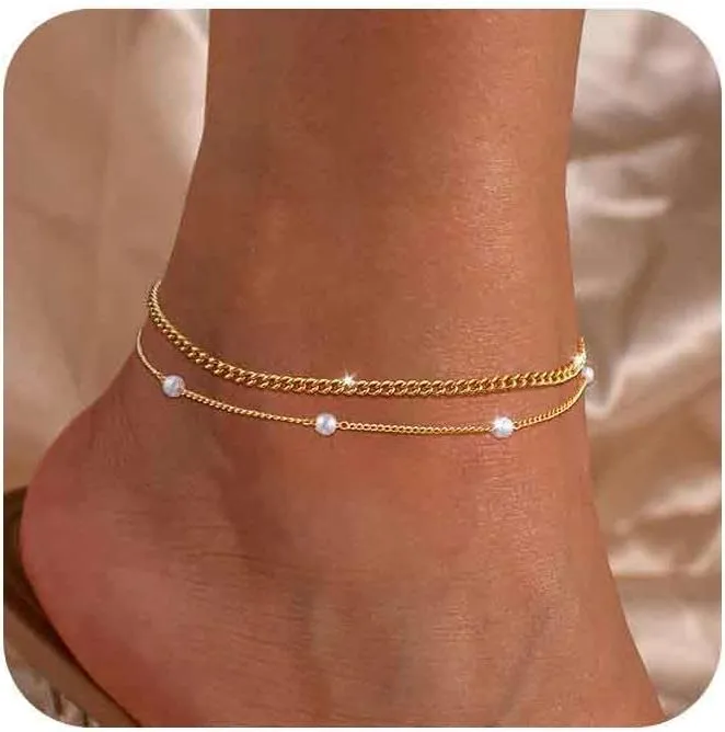 Gold Anklets for Women - Waterproof Cuban Link Heart Beads Anklets Set Layered Anklet Bracelets for Women Gold Jewelry