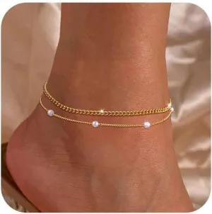 Gold Anklets for Women - Waterproof Cuban Link Heart Beads Anklets Set Layered Anklet Bracelets for Women Gold Jewelry