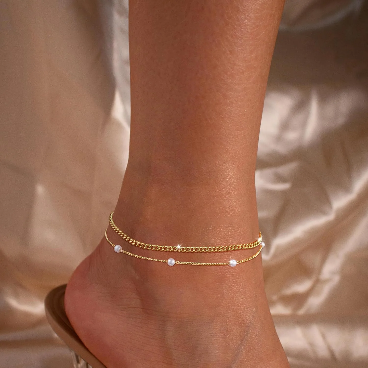 Gold Anklets for Women - Waterproof Cuban Link Heart Beads Anklets Set Layered Anklet Bracelets for Women Gold Jewelry