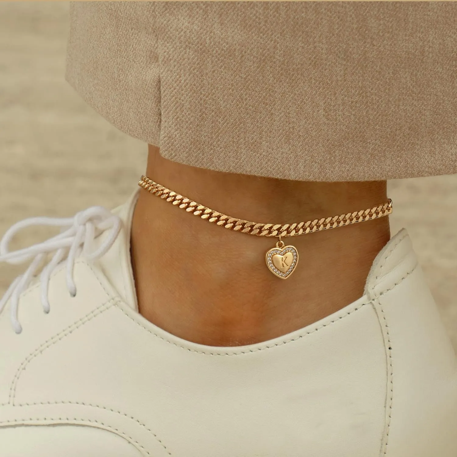 Gold Initial Ankle Bracelets for Women 14K Gold Plated Heart Initial Charm Gold Anklets for Women Cuban Figaro Bead Link Chain Initial Anklet Bracelets for Women Figaro Chain Anklet Jewelry Gifts