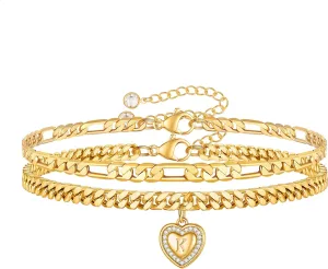 Gold Initial Ankle Bracelets for Women 14K Gold Plated Heart Initial Charm Gold Anklets for Women Cuban Figaro Bead Link Chain Initial Anklet Bracelets for Women Figaro Chain Anklet Jewelry Gifts