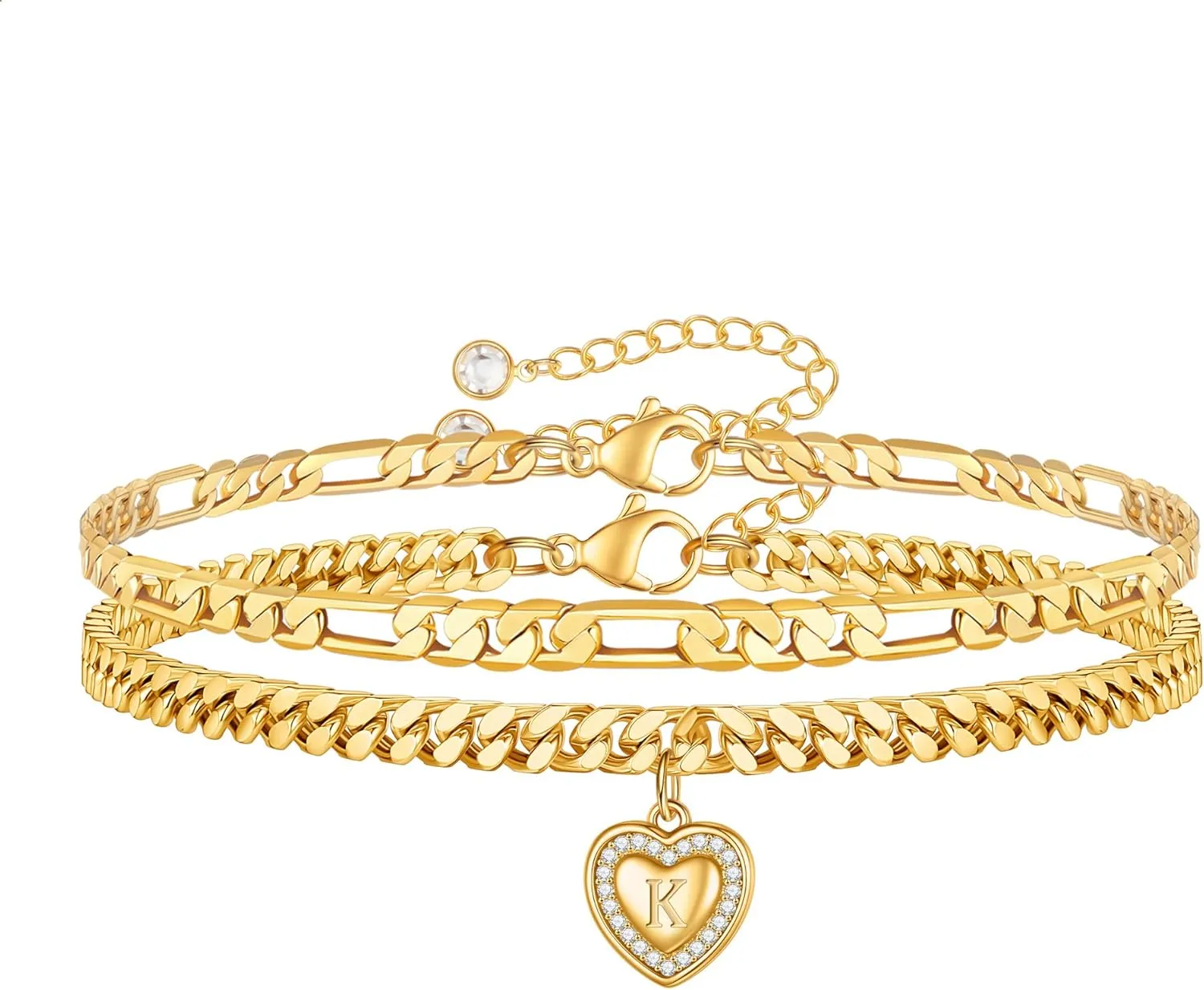 Gold Initial Ankle Bracelets for Women 14K Gold Plated Heart Initial Charm Gold Anklets for Women Cuban Figaro Bead Link Chain Initial Anklet Bracelets for Women Figaro Chain Anklet Jewelry Gifts