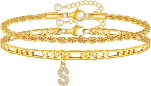 Gold Initial Ankle Bracelets for Women 14K Gold Plated Initial Charm Gold Anklets for Women Figaro Paperclip Chain Initial Anklet Bracelets for Women Mariner Rope Link Chain Anklet Jewelry for Women