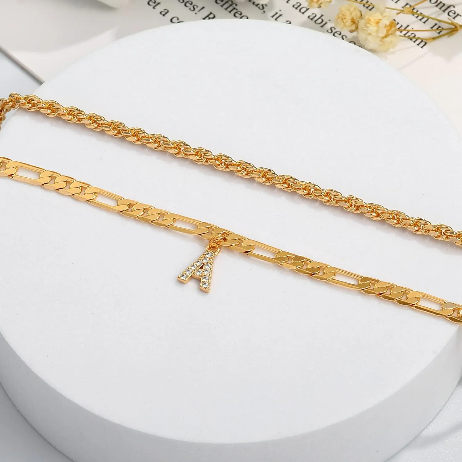 Gold Initial Ankle Bracelets for Women 14K Gold Plated Initial Charm Gold Anklets for Women Figaro Paperclip Chain Initial Anklet Bracelets for Women Mariner Rope Link Chain Anklet Jewelry for Women