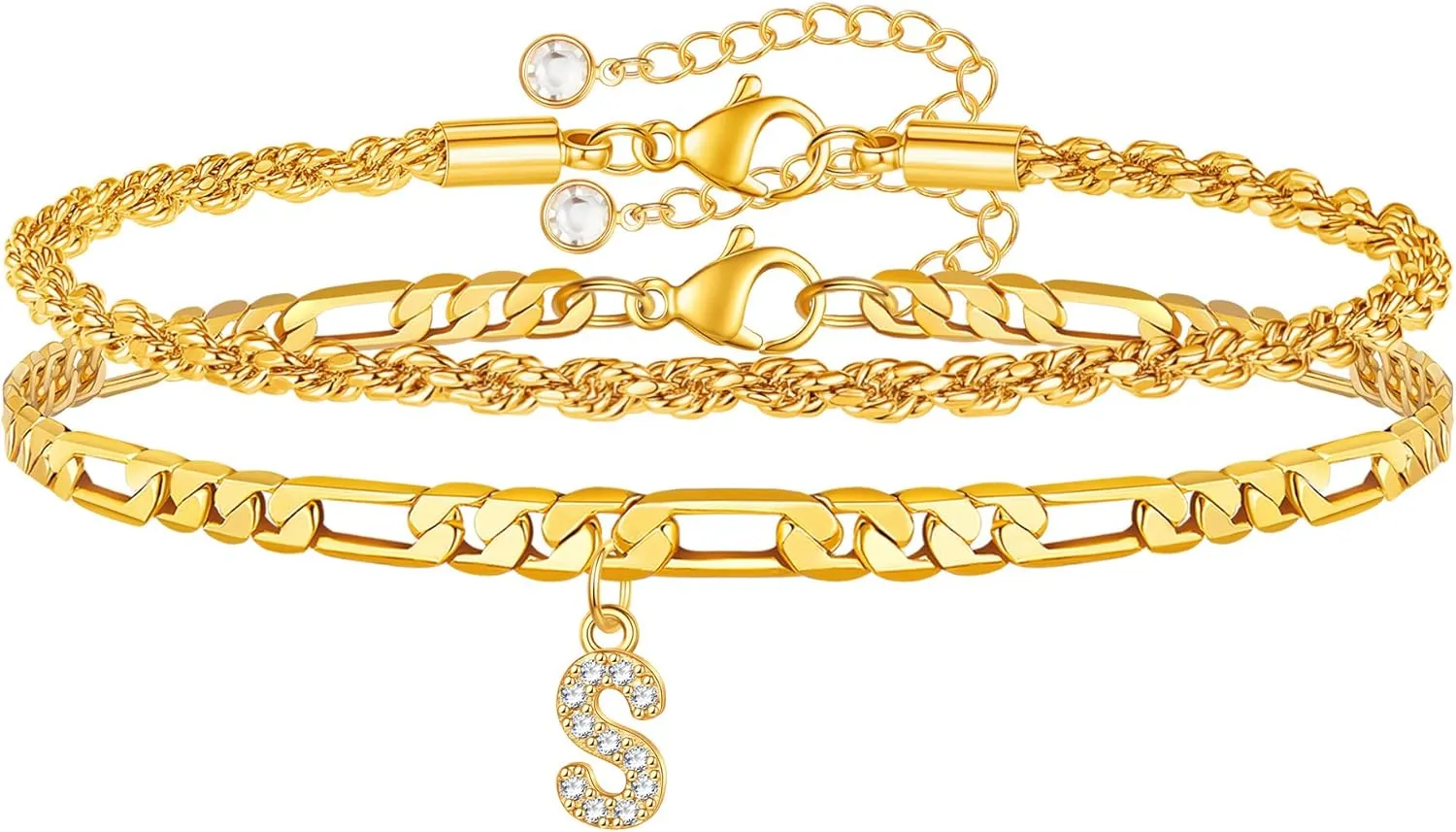 Gold Initial Ankle Bracelets for Women 14K Gold Plated Initial Charm Gold Anklets for Women Figaro Paperclip Chain Initial Anklet Bracelets for Women Mariner Rope Link Chain Anklet Jewelry for Women