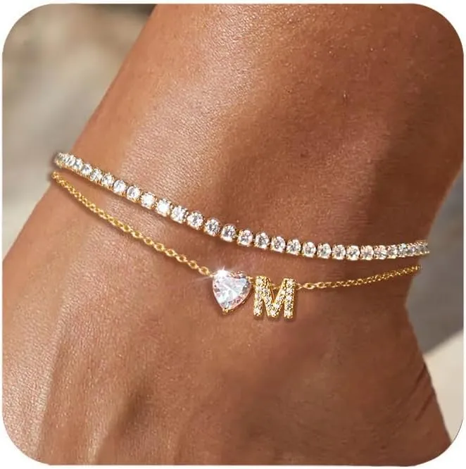 Gold Initial Ankle Bracelets for Women Waterproof 14K Gold Filled Layered Anklets for Women Non Tarnish Women's Anklets Adjustable Large Ankle Summer Beach Foot Jewelry