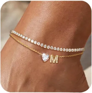 Gold Initial Ankle Bracelets for Women Waterproof 14K Gold Filled Layered Anklets for Women Non Tarnish Women's Anklets Adjustable Large Ankle Summer Beach Foot Jewelry
