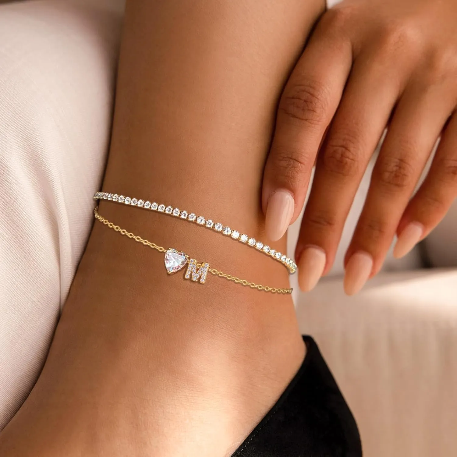 Gold Initial Ankle Bracelets for Women Waterproof 14K Gold Filled Layered Anklets for Women Non Tarnish Women's Anklets Adjustable Large Ankle Summer Beach Foot Jewelry