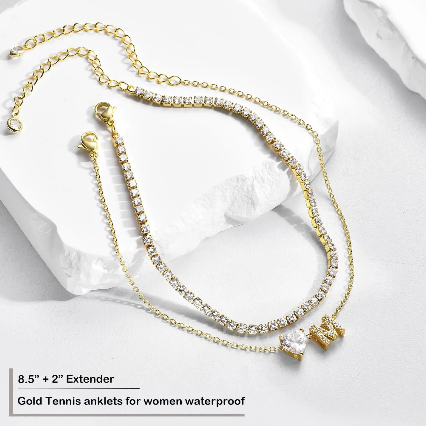 Gold Initial Ankle Bracelets for Women Waterproof 14K Gold Filled Layered Anklets for Women Non Tarnish Women's Anklets Adjustable Large Ankle Summer Beach Foot Jewelry