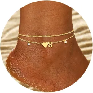 Gold Silver Ankle Bracelets for Women 14k Gold Plated Initial Anklets for Women Waterproof Non Tarnish Dainty Layered CZ Letter A-Z Heart Charm Anklet Set Summer Beach Foot Chain Jewelry Gift