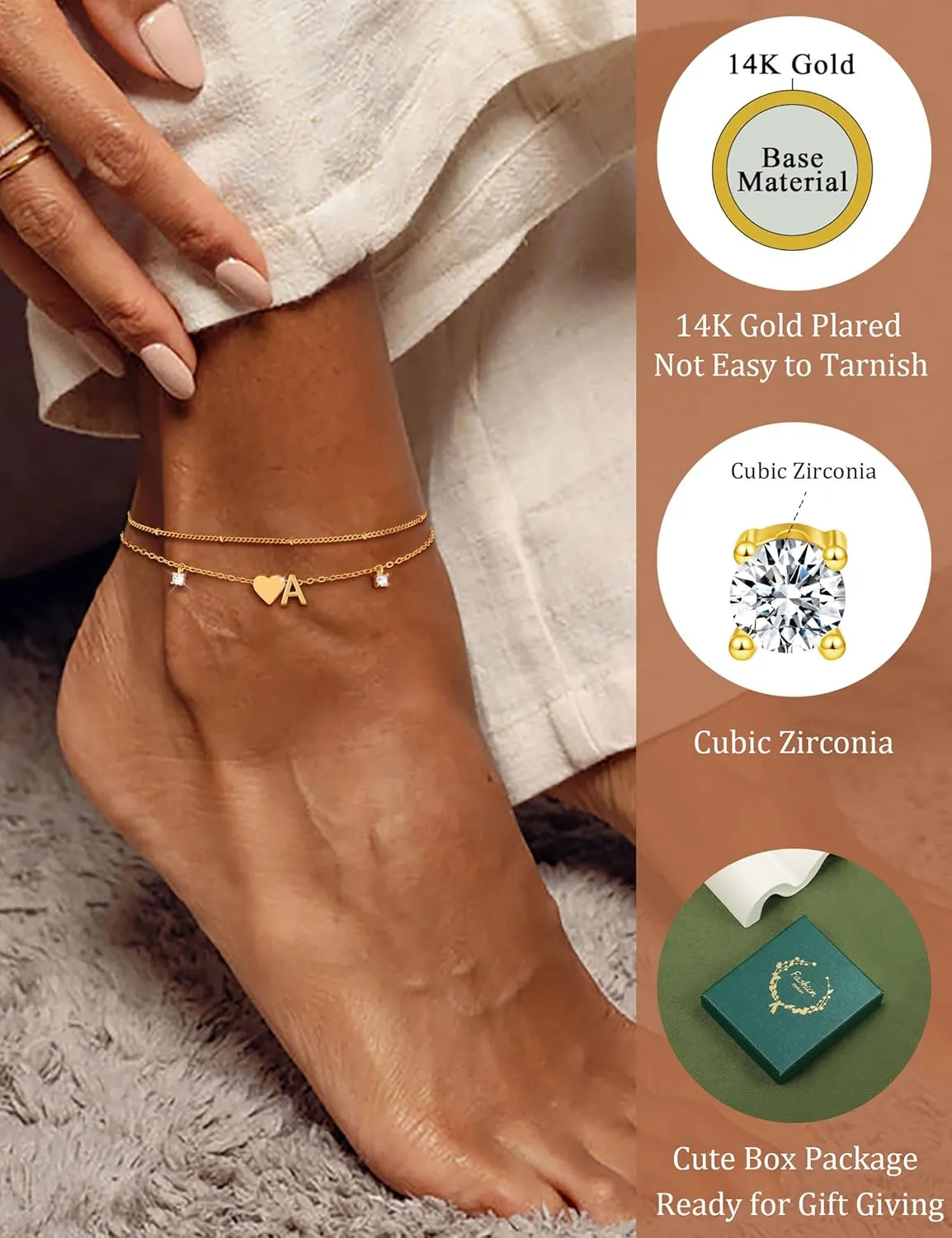 Gold Silver Ankle Bracelets for Women 14k Gold Plated Initial Anklets for Women Waterproof Non Tarnish Dainty Layered CZ Letter A-Z Heart Charm Anklet Set Summer Beach Foot Chain Jewelry Gift