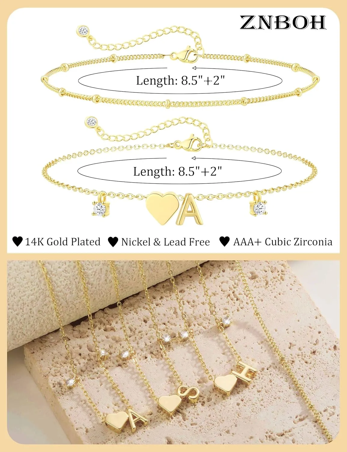 Gold Silver Ankle Bracelets for Women 14k Gold Plated Initial Anklets for Women Waterproof Non Tarnish Dainty Layered CZ Letter A-Z Heart Charm Anklet Set Summer Beach Foot Chain Jewelry Gift