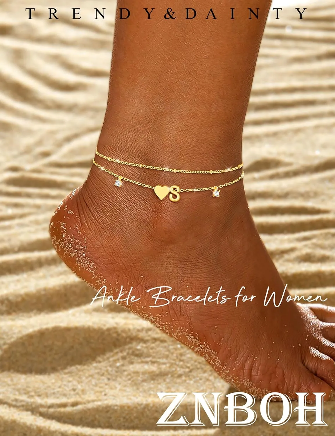 Gold Silver Ankle Bracelets for Women 14k Gold Plated Initial Anklets for Women Waterproof Non Tarnish Dainty Layered CZ Letter A-Z Heart Charm Anklet Set Summer Beach Foot Chain Jewelry Gift