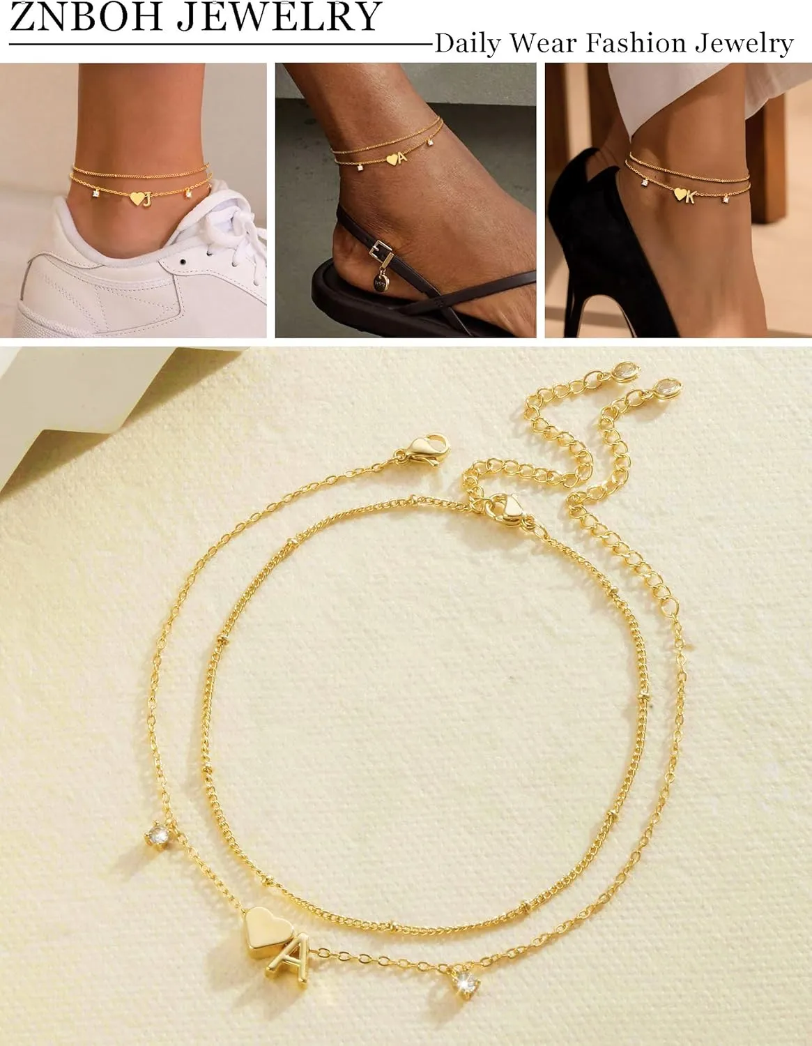 Gold Silver Ankle Bracelets for Women 14k Gold Plated Initial Anklets for Women Waterproof Non Tarnish Dainty Layered CZ Letter A-Z Heart Charm Anklet Set Summer Beach Foot Chain Jewelry Gift