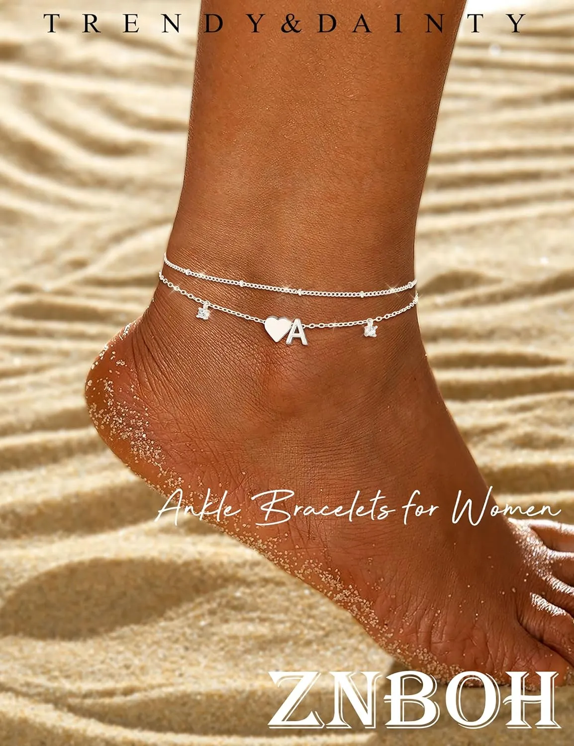 Gold Silver Ankle Bracelets for Women 14k Gold Plated Initial Anklets for Women Waterproof Non Tarnish Dainty Layered CZ Letter A-Z Heart Charm Anklet Set Summer Beach Foot Chain Jewelry Gift