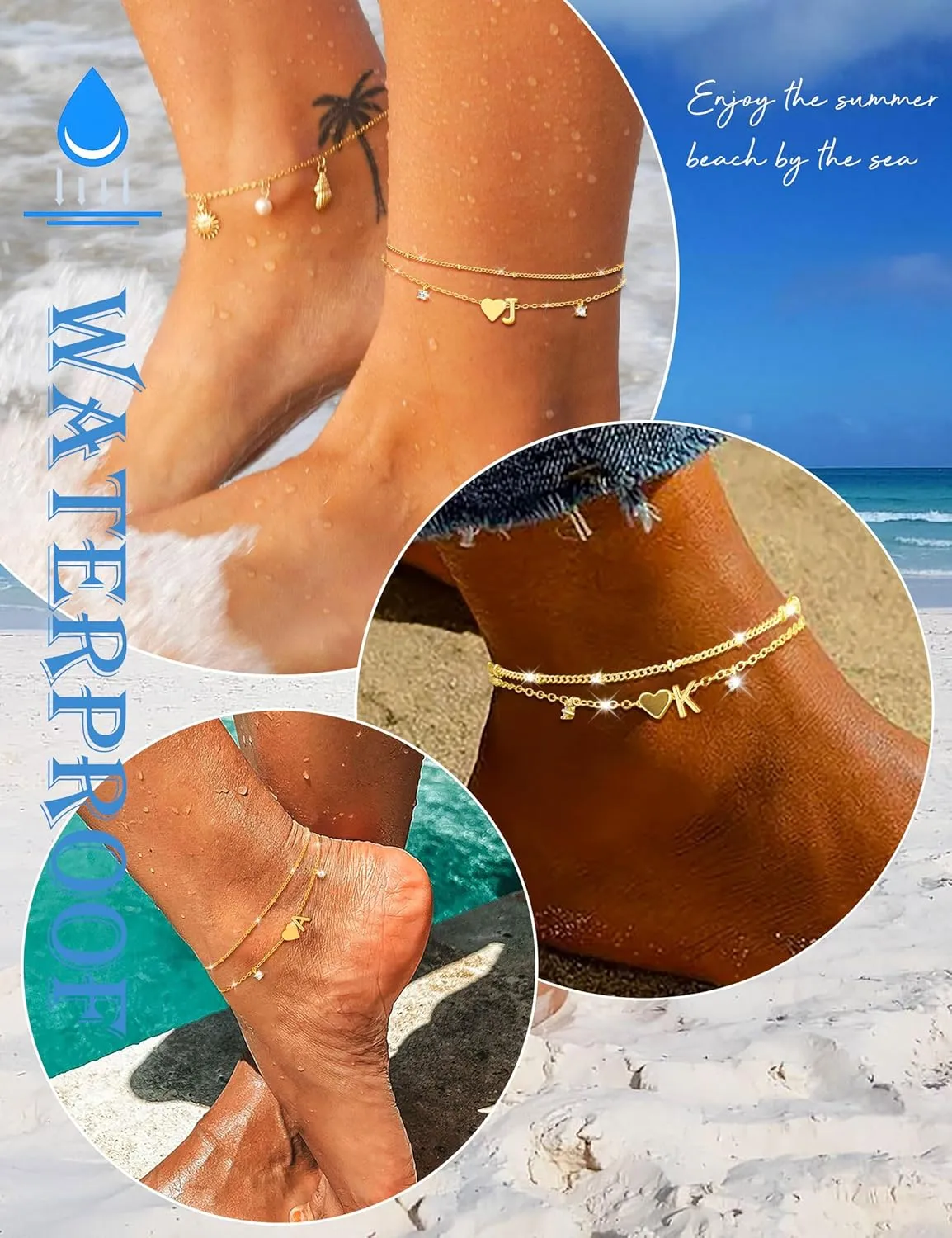Gold Silver Ankle Bracelets for Women 14k Gold Plated Initial Anklets for Women Waterproof Non Tarnish Dainty Layered CZ Letter A-Z Heart Charm Anklet Set Summer Beach Foot Chain Jewelry Gift