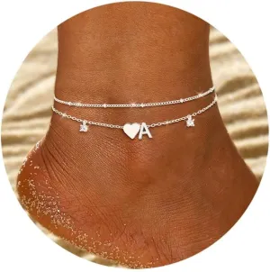 Gold Silver Ankle Bracelets for Women 14k Gold Plated Initial Anklets for Women Waterproof Non Tarnish Dainty Layered CZ Letter A-Z Heart Charm Anklet Set Summer Beach Foot Chain Jewelry Gift