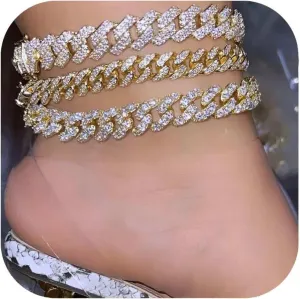 Gold Silver Ankle Bracelets for Women Cuban Link Anklets Plus Size Ankle Bracelet Layered Link Anklet Set Rhinestone Bling Anklets Gold Silver Jewelry for Women Gift Set