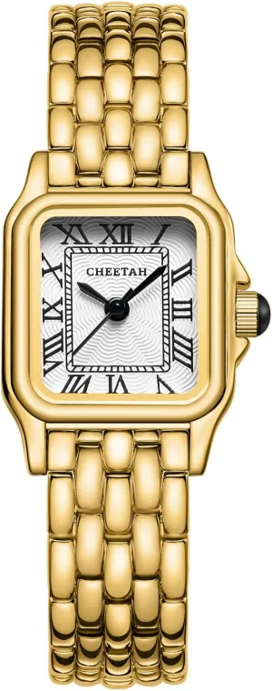 Gold Watches for Women with Small Vintage Bracelet, Rectangular Case Roman Dial
