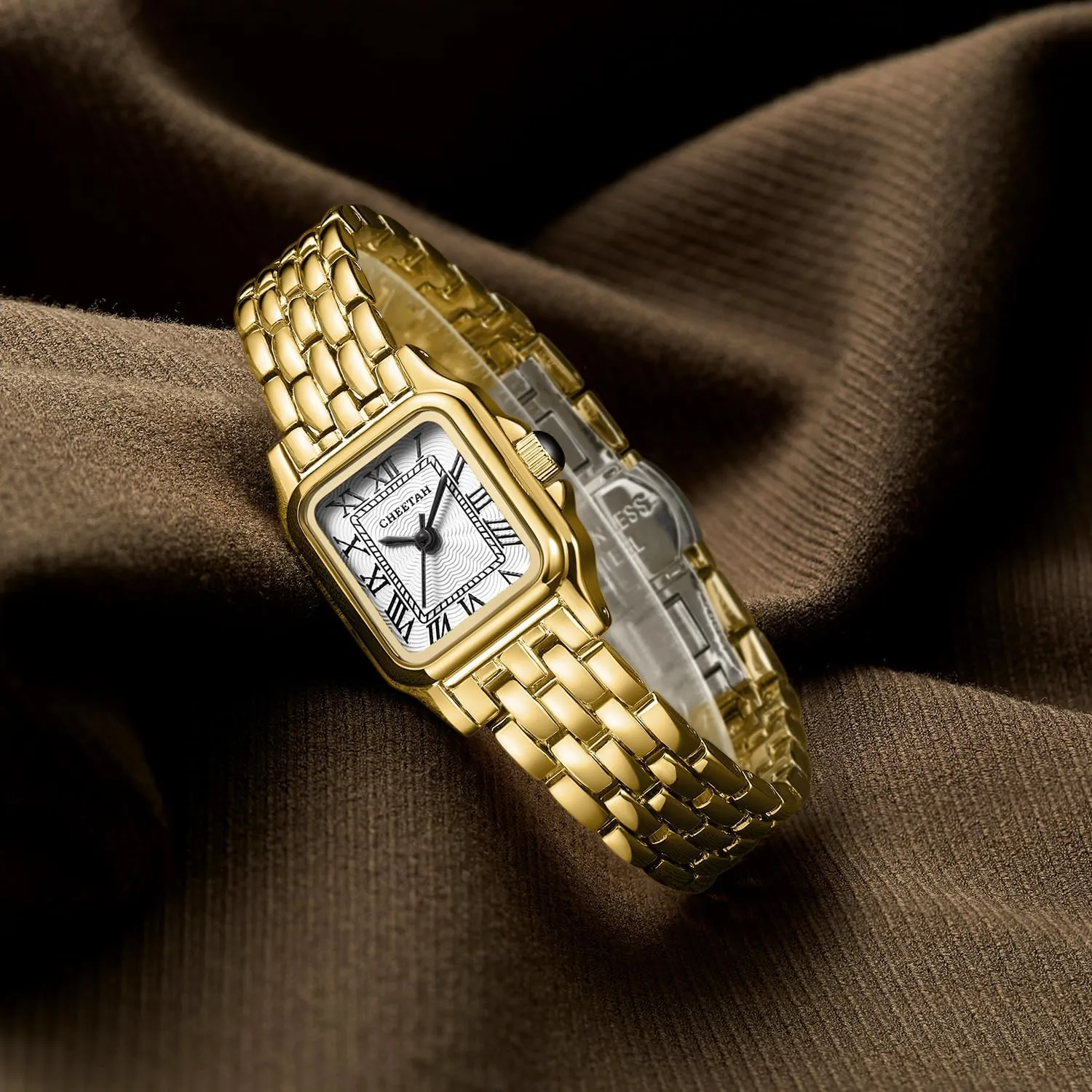 Gold Watches for Women with Small Vintage Bracelet, Rectangular Case Roman Dial