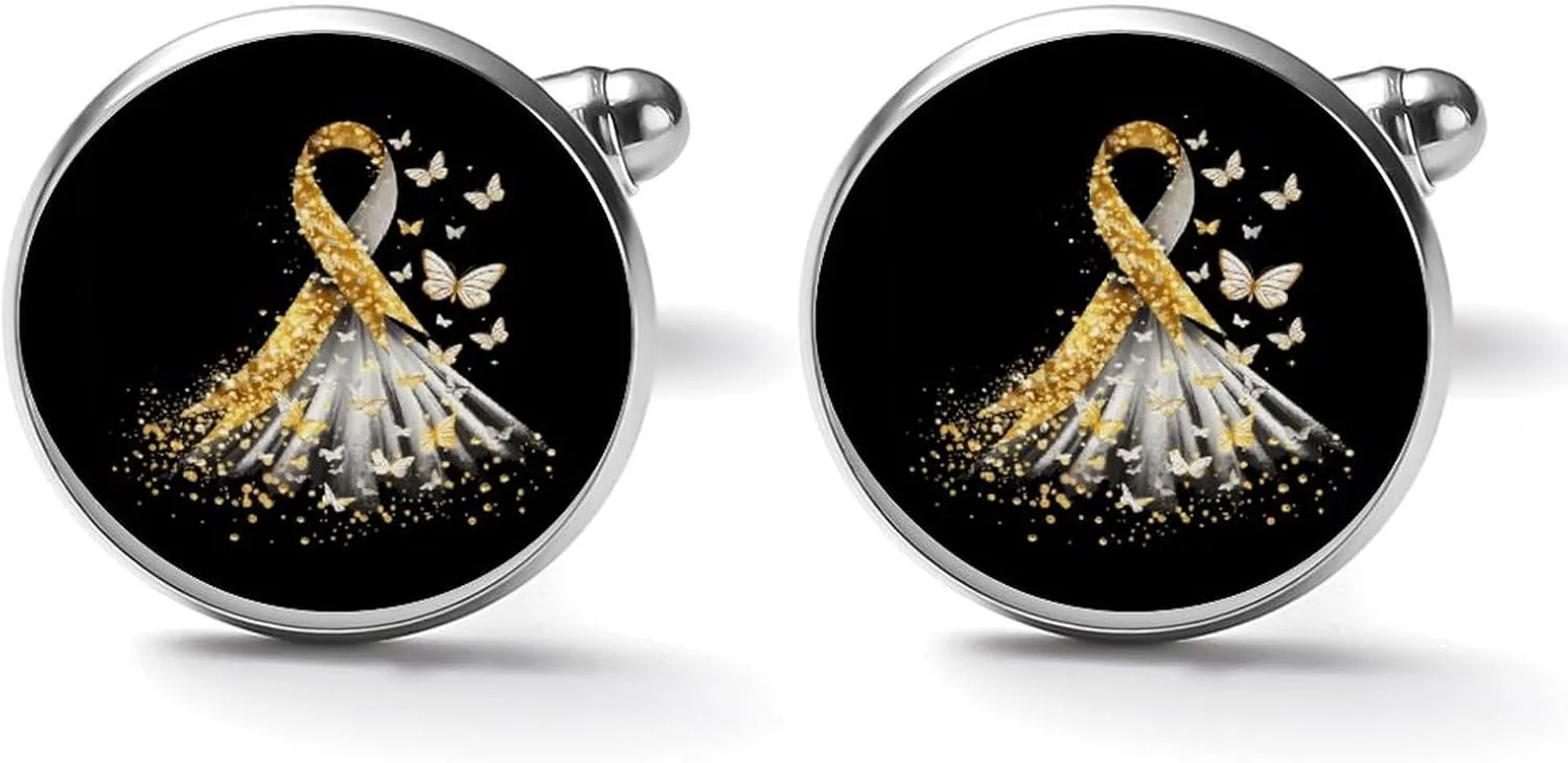 Golden Cancer Awareness Ribbon Men's Cuff Links Classy Stylish Shirt Cufflinks Accessories Gift for Father Husband
