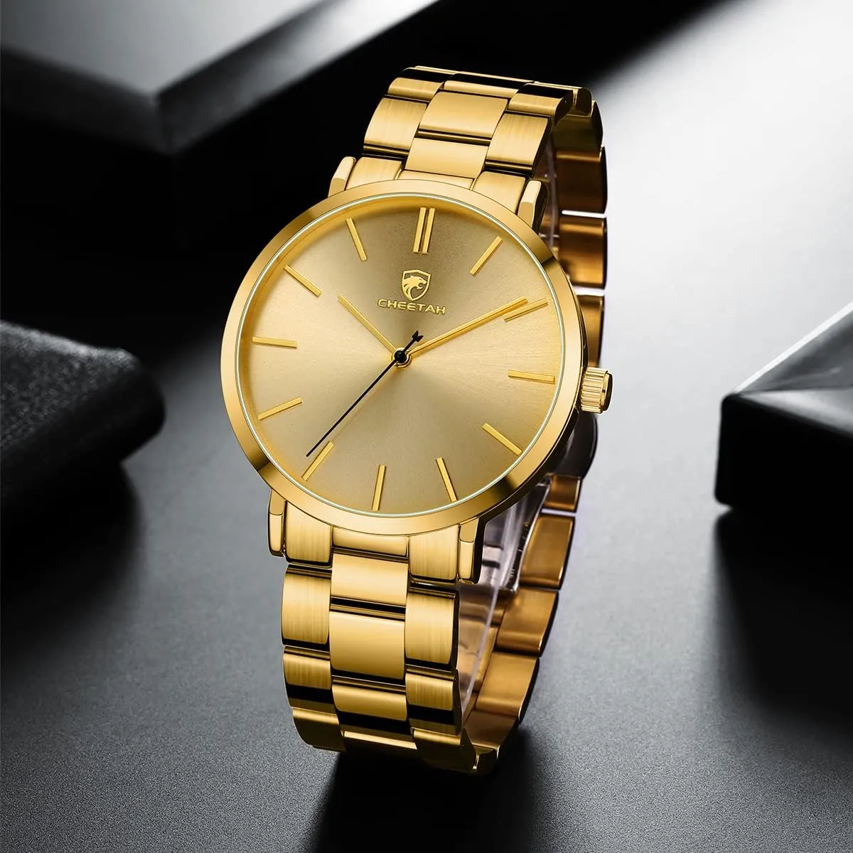 GOLDEN HOUR Men's Watches Slim Minimalist Runway Plated Stainless Steel Quartz Analog Watch